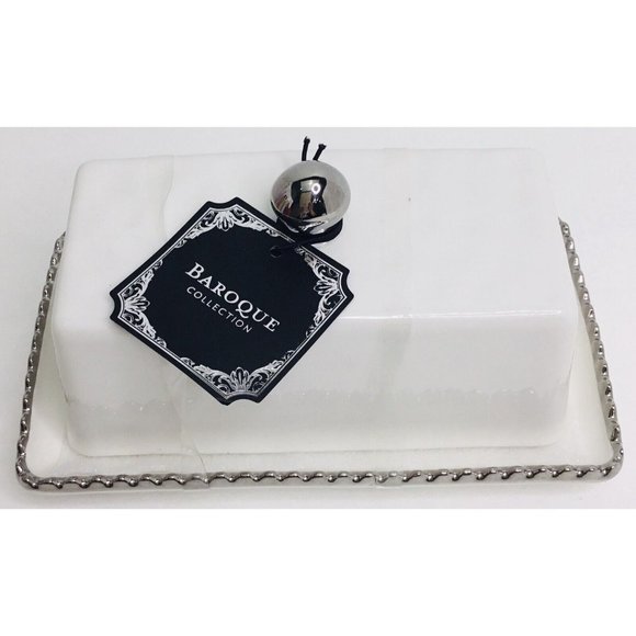 Butter Dish white and silver edged New - Picture 2 of 8